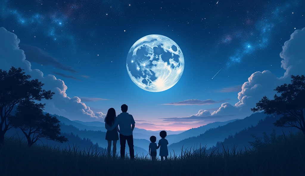 Give me a starry sky surrounded by nature and a beautiful moon with 3 adults looking on