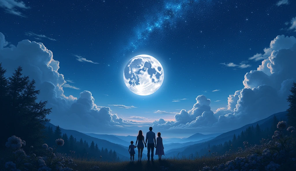Give me a starry sky surrounded by nature and a beautiful moon with 3 adults looking on