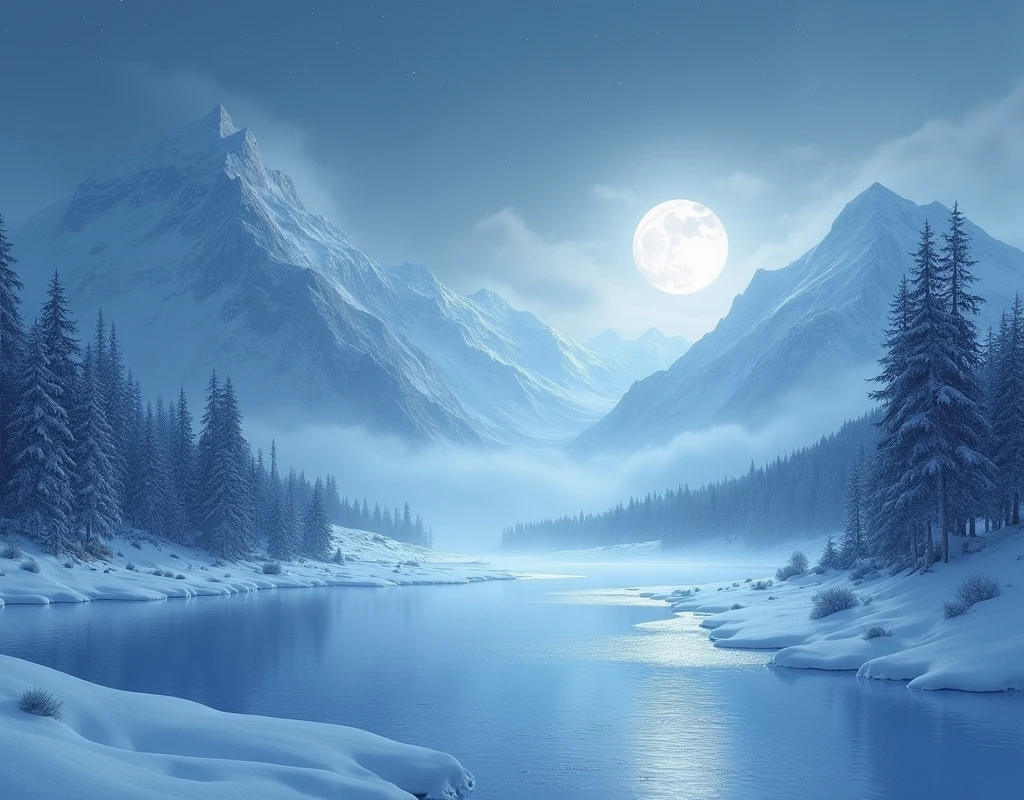 Ethereal Winter Landscape: Snow-covered mountains, frozen lake, moonlight, solitude, serenity, blue and white hues, painterly, ethereal, serene