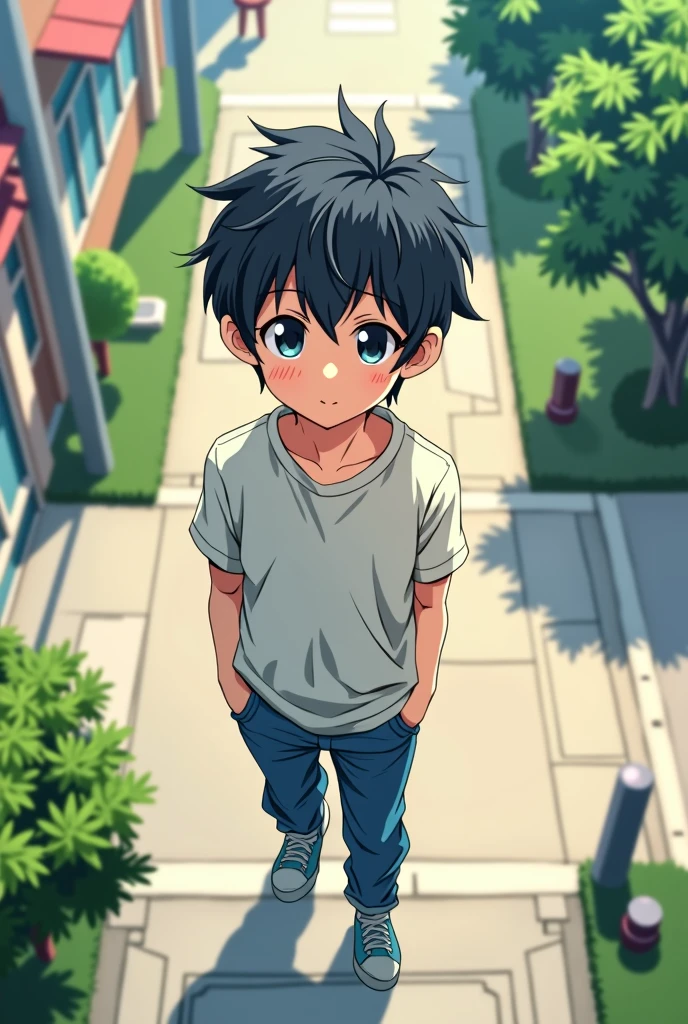 Anime boy dressed casually the viewer sees him from the air 