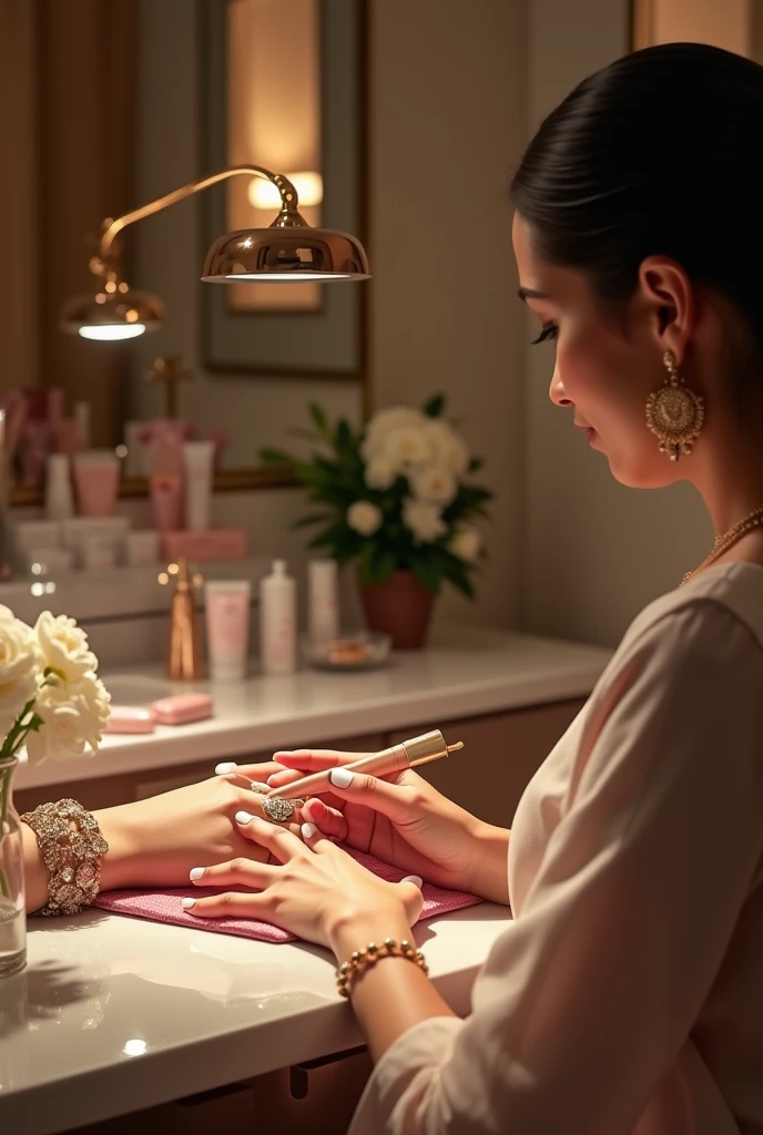 Illustrate a realistic scene of a manicure treatment at a high-end Indian beauty salon. The image should show an Indian woman enjoying a manicure by skilled beautician in a stylish, upscale environment. Focus on details like the beautifully manicured hand receiving a pampering . Include elements such as a neatly arranged manicure station with luxury nail care products, a soothing color palette, and relaxing background music. The atmosphere should be serene and upscale, reflecting a top-notch pampering experience.