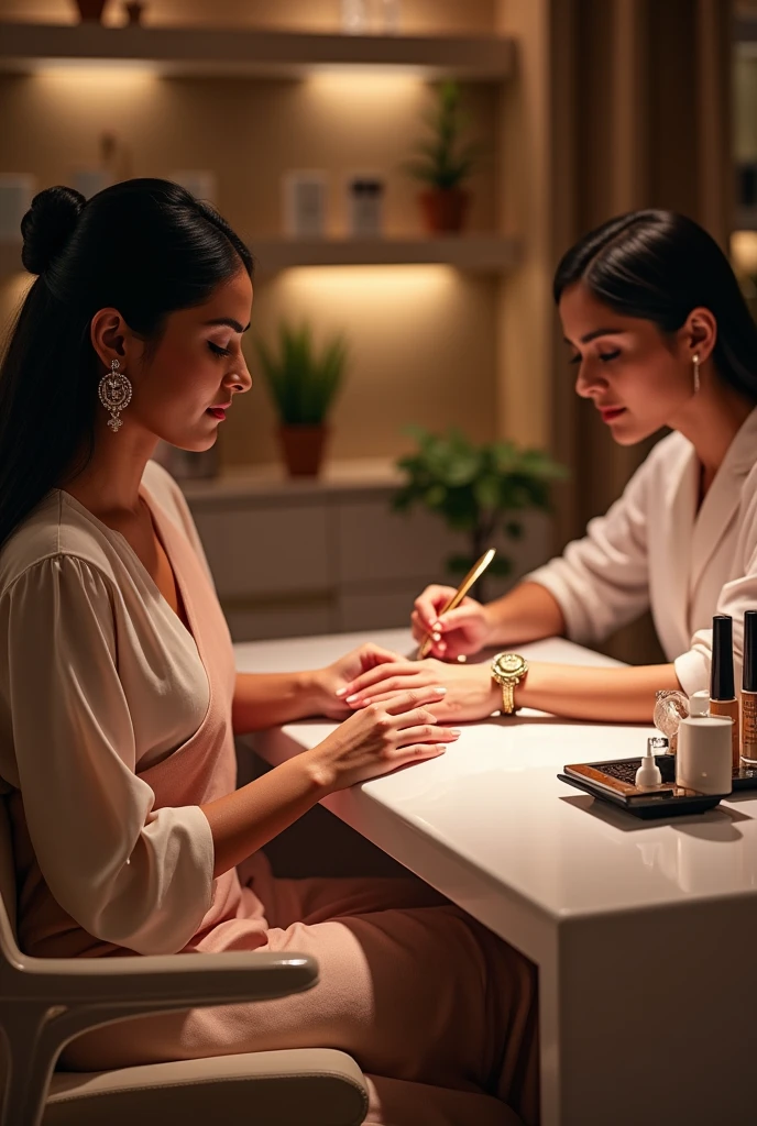 Illustrate a realistic scene of a manicure treatment at a high-end Indian beauty salon. The image should show an Indian woman enjoying a manicure by skilled beautician in a stylish, upscale environment. Focus on details like the beautifully manicured hand receiving a pampering . Include elements such as a neatly arranged manicure station with luxury nail care products, a soothing color palette, and relaxing background music. The atmosphere should be serene and upscale, reflecting a top-notch pampering experience.
