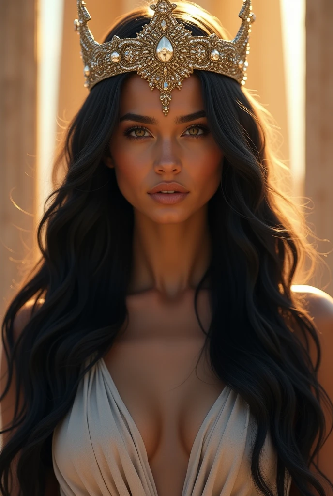((Highest quality)), ((masterpiece)), (detailed), One girl, A flawless face, an overwhelming goddess. Black hair, long and flowing. Mysterious and awe-inspiring. A sparkling crown. Upper body, facing forward. The background is the Athena Temple.