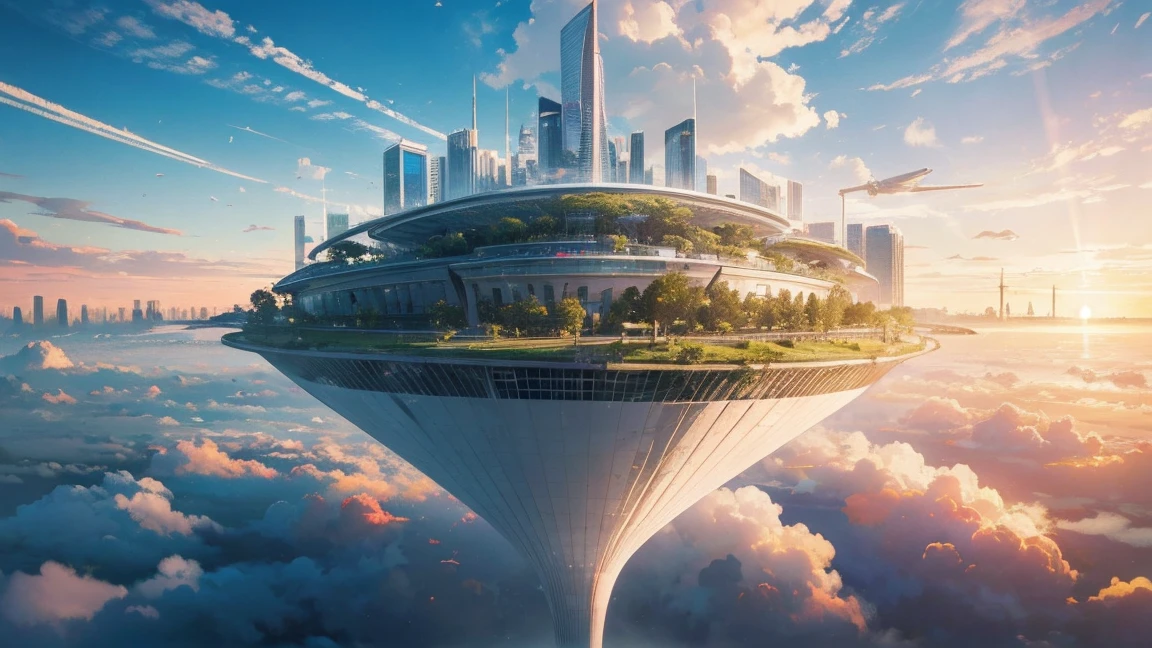 (best quality,4K,8ก,High resolution,Masterpiece:1.2),Very detailed,(realistic,realistic,Realistic photos:1.37),Floating city of the future,Technologies of the future,Large high-tech tablet platform in the city,airship,floating in the sky,city of the future,Small planes around,High-tech hemisphere platform,colorful lights,advanced architecture,modern architecture,skyscraper,Cloud access,beauty,city scenery,Impressive design,Perfectly blended with nature,Lively and lively atmosphere,Transportation system of the future,Parking is suspended,Transparent pathways,Lush greenery,Sky Garden,Cascading waterfall,Stunning skyline,Water reflections,Sparkling River,Architectural innovation,skyscraperแห่งอนาคต,Clear dome,The shape of the building is unusual.,Elevated walkway,Impressive skyline,fluorescent light,Technologies of the future,Simple design,Observation point,Panoramic view,Cloud Piercing Tower,bright colors,The great sunrise,Great sunset,Spectacular light show,Magical atmosphere,city of the future,Urban utopia,Luxury Lifestyle,Energy innovation,Sustainable development,smart city technology,Advanced infrastructure,Serene atmosphere,Nature and technology coexist harmoniously,Great urban landscape,Unprecedented urban planning,Architecture seamlessly connected to nature,High-tech metropolis,A cutting-edge engineering marvel,The future of urban living,Visionary architectural concepts,Energy-efficient buildings,Blending with the environment,City floating above the clouds,Utopian dreams become reality,Endless possibilities,Modern transportation network,Integration of green energy,Innovative materials,Impressive holographic displays,Advanced communication system,Breathtaking aerial views,Quiet environment,Modern Aesthetics,The intangible beauty ,There is a train., Close-up railway tracks