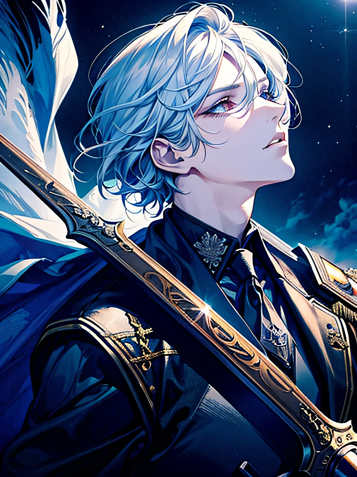 (1man), solo, handsome man, {beautiful detailed eyes}, {{{masterpiece}}}, {{{best quality}}}, {{ultra-detailed}}, {illustration}, perfect hands, A striking male knight, kiss the swords, long silver hair, red eyes, suit of armor, stand in the wilderness, looking up at the sky, cinematic, dramatic lighting, featuring a vast, open sky filled with clouds, The atmosphere is epic, side view
