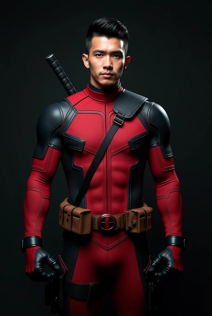 Realistic photo, an adult male with an Indonesian face, 30 years old, clean face, handsome, neat short undercut black hair,wearing a Deadpool superhero costume without a mask,Standing pose facing forward and 
Wall  dark background, professional photography, Hyperrealistic,Best quality, very detailed 