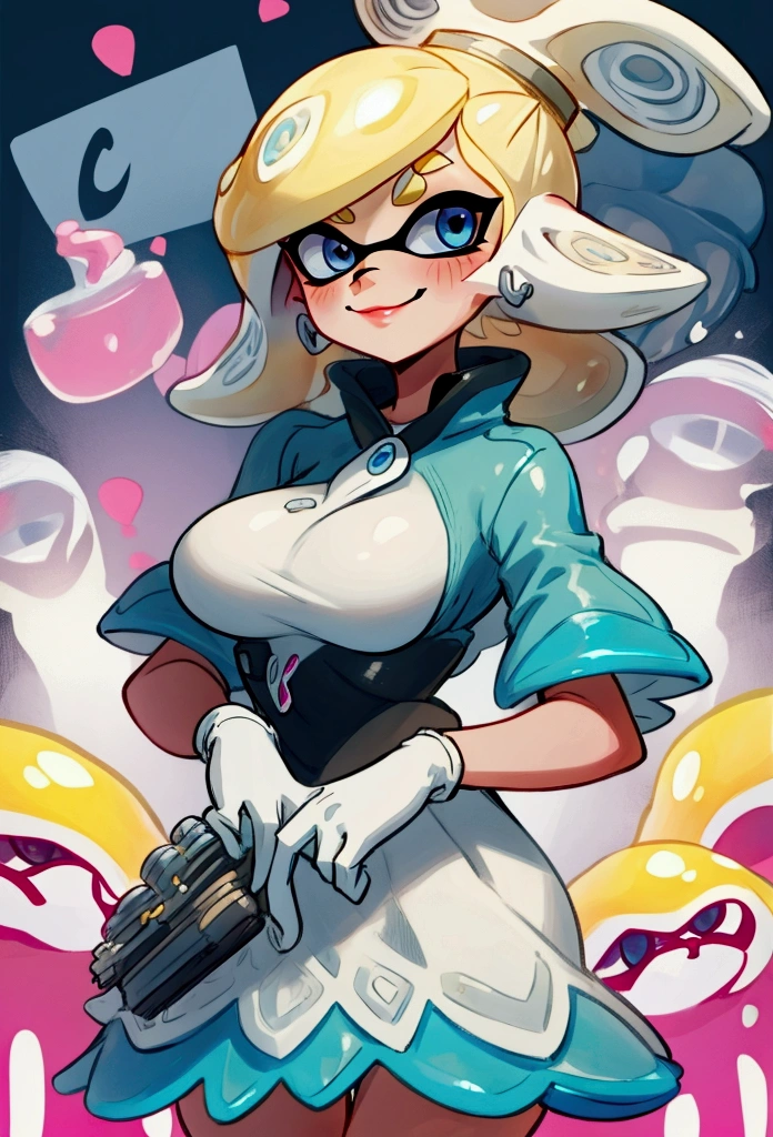 splatoon2, inlkling girl, blonde, blue eyes, big breasts, smille, transparent dress