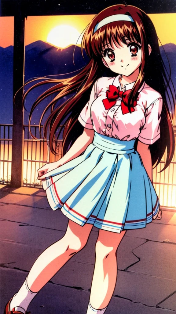 Yuki Mizuho, One person, a woman, (hair length above waist), ((hair band,white)) , Brown Hair, Red eyes, Red eyes, (shirt formal,white), ((a bow tie, blue)) , Plaid skirt, socks, shoes, retro artstyle, ((skirt masterpiece, red)), 1990s (style), expensive quality, very_expensive_solve, big_file size, Full Color, blush, Cute Smile Open your mouth, Are standing,(Winter Night、With the sunset and the fence behind、Receiving a confession on the school rooftop. I got closest to that smile:1.1), (Place your hands on your chest:1.3), Two Arms, (cinematic angle:1.1),