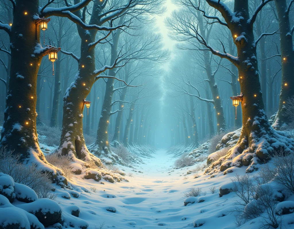 Enchanted Winter Forest: Snow-laden trees, sparkling lights, magical atmosphere, whimsy, wonder, green and white, fantasy, whimsical
