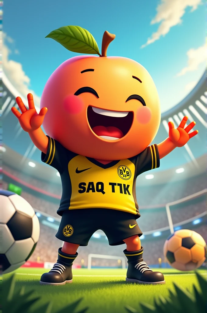 I want a mascot of a peach representing soccer with a Borussia Dortmund uniform that has the word SAQ TIK on the shirt
