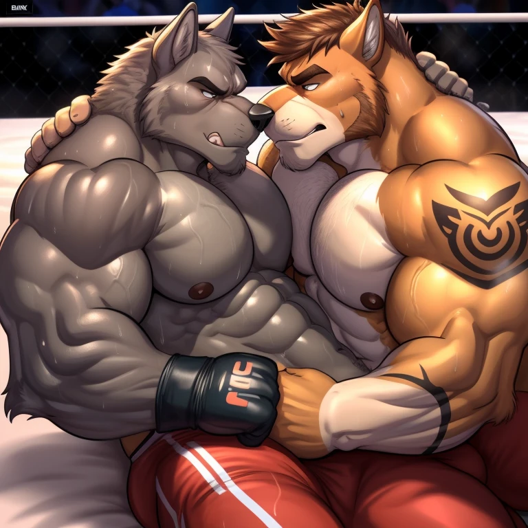 Duo male(Brown Dog vs Gray wolf), handsomes(handsome hairstyle, Thick eyebrows, detailed face), gay(Lying down, cuddling, body with body, wrestling at each other, face to face, on a bed match), hot(Shirtless), handsomes(They are handsomes, correct anatomy), musculosos(Big muscle bodies, Six packs, muscle abs, big pecs), sweaty(very sweaty wet bodies, shiny sweat), tatuajes(they have tattoos), grumpy(Both have an grumpy expression, grumpy teeths, steaming breath), UFC gloves(They both are wearing UFC gloves), Hight resolution, by(Zourik:1.1)