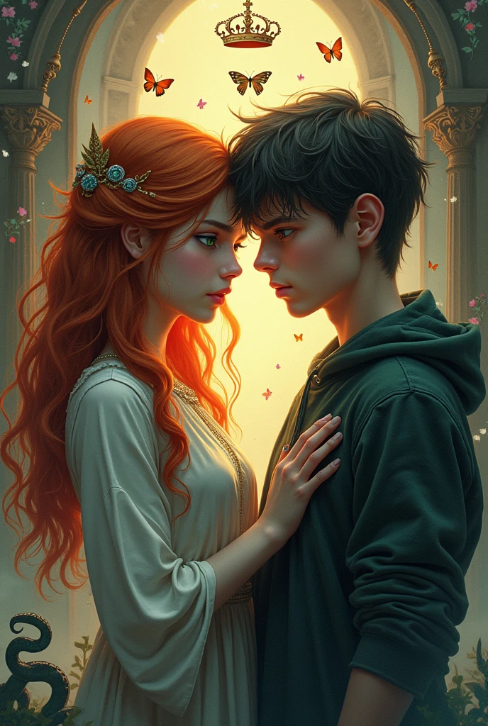 Make a fantasy book cover with daggers on it, crowns, butterflies, Snakes . where both love and chaos are represented, without showing the face of any character, representing both light and darkness, where love is seen, add two people: a girl with copper hair, green eyes and dark skin and a boy with dark brown hair, gray eyes and a marked jaw.. that he looks at her with pain