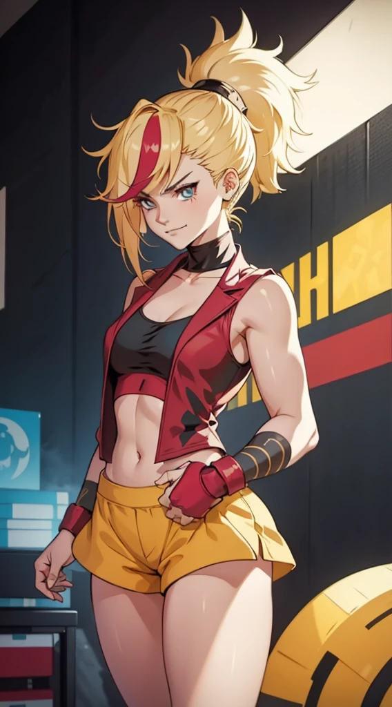 young girl, longue blonde hair, Hairpin with a bundle, turquoise eyes, Yakuza tattoos, red tight uniform, Sleeveless, Wide neckline on the chest to the abdomen, Gold Elements, Red gold armor, Shorts, claws, smirk, Masterpiece, hiquality, 4k, HD, Good detail