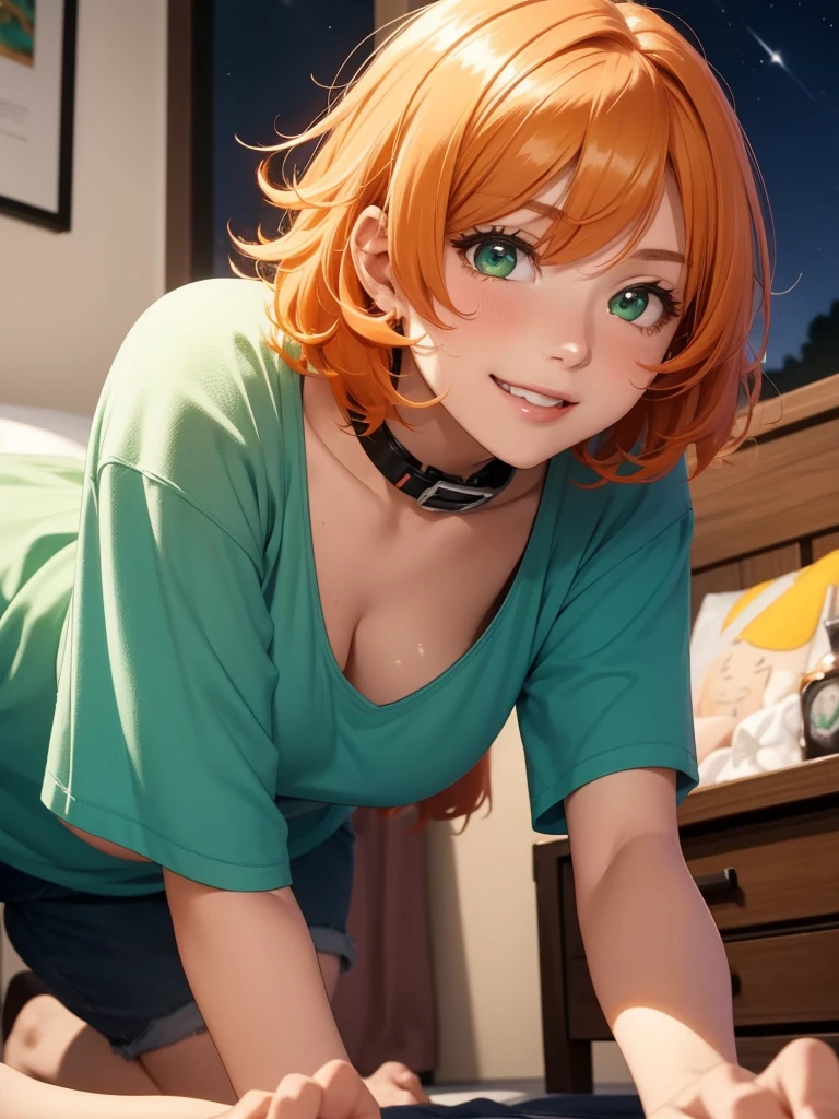 super high image, super detail, super high resolution, cute 18 year old girl, crawling on all fours, skinny, small breasts, no cleavage, moist shiny lips, grinning, mischievous, light-orange hair, messy wild short hair, hair covering face, winking eye, green sparkling eyes, glossy dark eyeshadow, shiny skin, collar, t-shirt, night time, bedroom