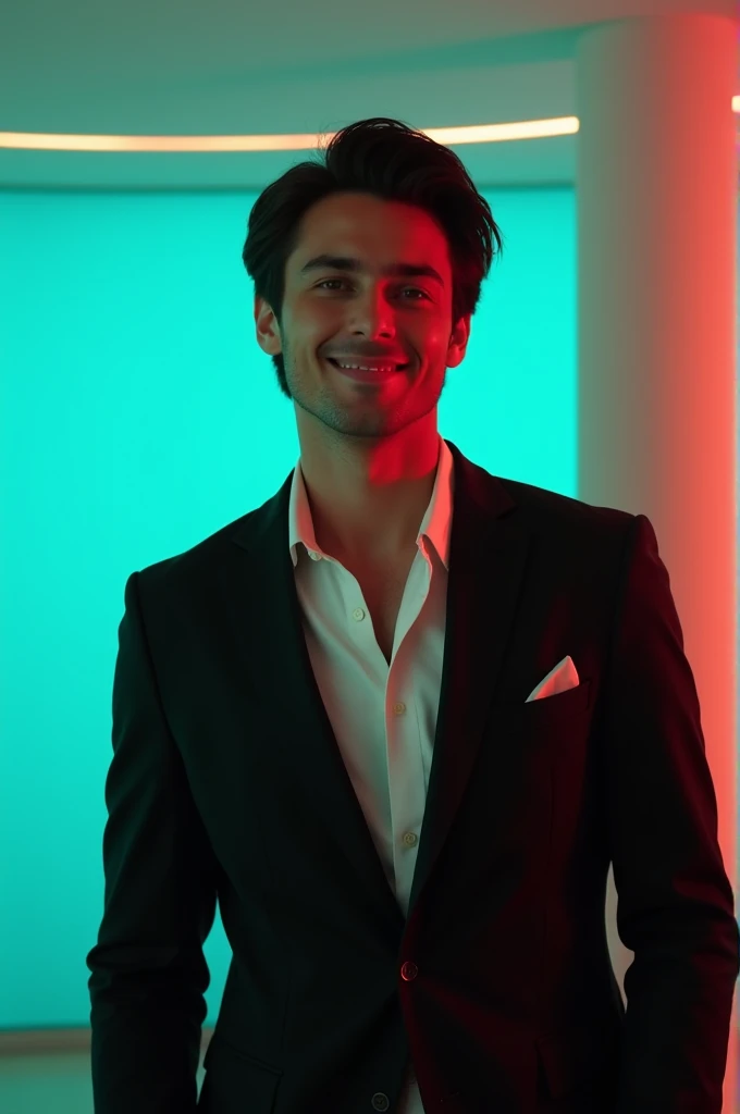 @Ariyan Emon:A young Man With Dark hair and a confident smile He is Dressed in a black blazer over a white shirt The man is positioned against aqua colour backdrop with a subtle red lighting on t