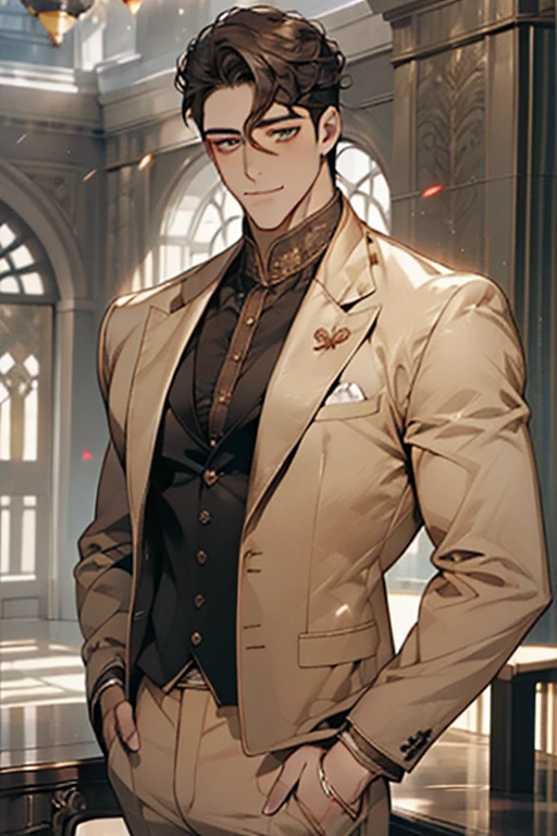 masterpiece, best quality, realistic, 1man, mature male, quiet and charming young man, 2, adorable, closed mouth, portrait, extremely detailed face, soft smile, ((dark amber eyes)), ((short-sides-swept curly light brown hair)), [thick eyebrows], living-room, ((white suit))