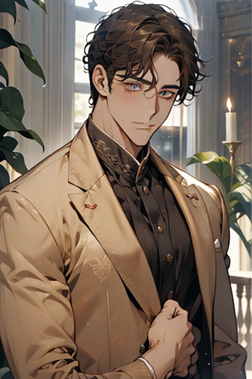 masterpiece, best quality, realistic, 1man, mature male, quiet and charming young man, 2, adorable, closed mouth, portrait, extremely detailed face, soft smile, ((dark amber eyes)), ((short-sides-swept curly light brown hair)), [thick eyebrows], living-room, ((white suit))