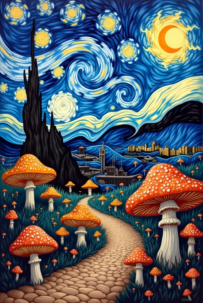 The world of psychedelic mushrooms in the style of Van Gogh