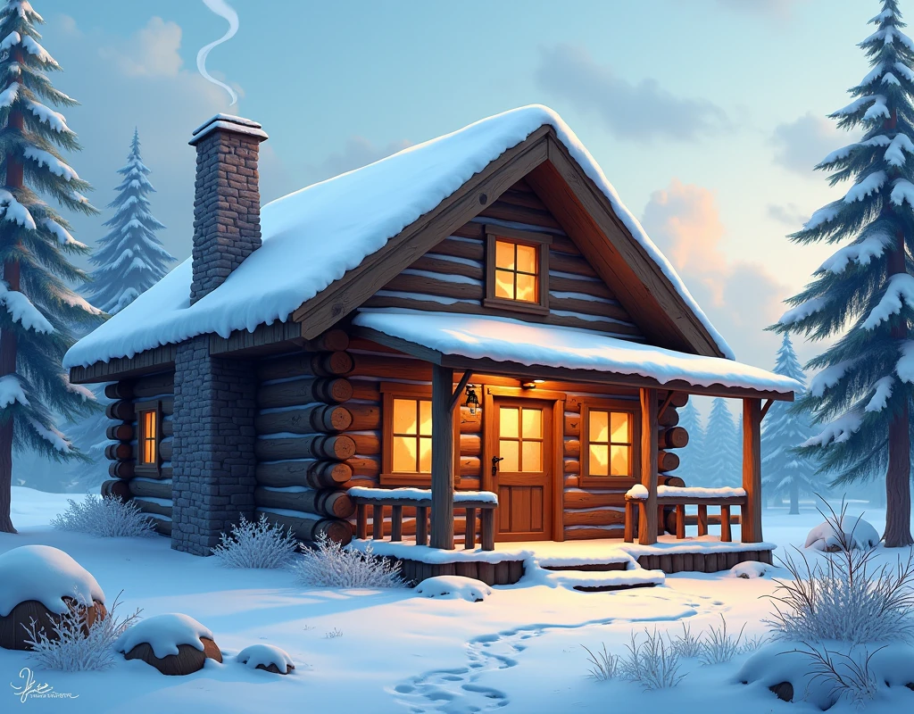 Rustic Winter Cabin: Cozy log cabin, snow-covered roof, warm glow from within, tranquility, nostalgia, brown and white, rustic, cozy