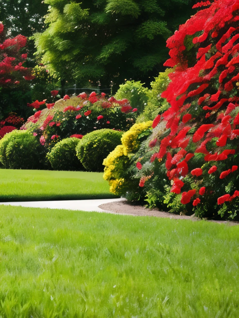 there is a gate in the middle of a garden with red flowers, flame shrubs, in red gardens, cottagecore flower garden, red blooming flowers, autumn overgrowth, glimpse of red, vibrant but dreary red, in a cottagecore flower garden, vibrant red and green colours, beautiful composition, with soft bushes, overgrown with flowers