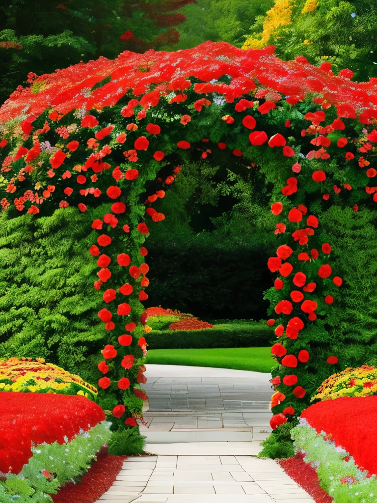there is a gate in the middle of a garden with red flowers, flame shrubs, in red gardens, cottagecore flower garden, red blooming flowers, autumn overgrowth, glimpse of red, vibrant but dreary red, in a cottagecore flower garden, vibrant red and green colours, beautiful composition, with soft bushes, overgrown with flowers
