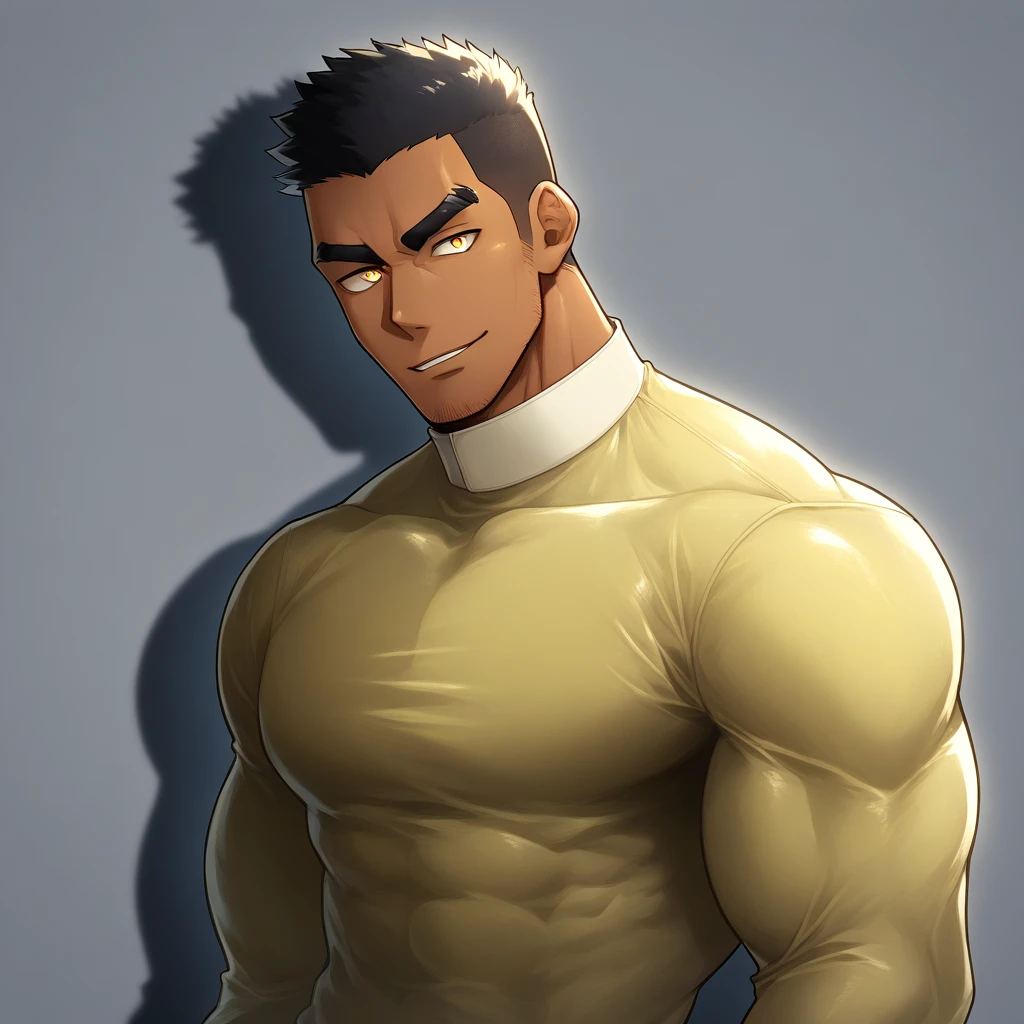 anime characters:, Muscle Sports Student, negro black skin, 1 dark skin muscular tough guy, Manliness, male focus, Light yellow high collar long sleeve tight T-shirt, Slightly transparent material, Very tight, Round, full and perky chest muscles, Slightly transparent, muscular male, muscular, only, Upper body, alone, Black short hair, Thick eyebrows, stubble, Yellow eyes, Grey background, simple background, amazing quality, best aesthetics, Ridiculous, bright pupils, crew cut, parted lips, seductive smile, torogao, naughty face, drop shadow, best quality