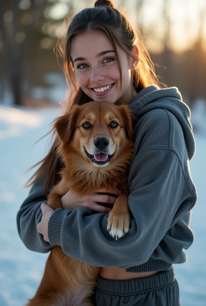 photography of 1 stunning 23 year old girl , wearing hoodie jacket and sweat pants , brunette hair tied ,outside with a snow , portrait picture, smiling, looking into camera , spectacular lighting, gorgeous, ), photoshoot, western, (masterpiece), best quality, high resolution, extremely detailed background, skin with pores, , cinematic lighting Completed With a whole body holding a dog