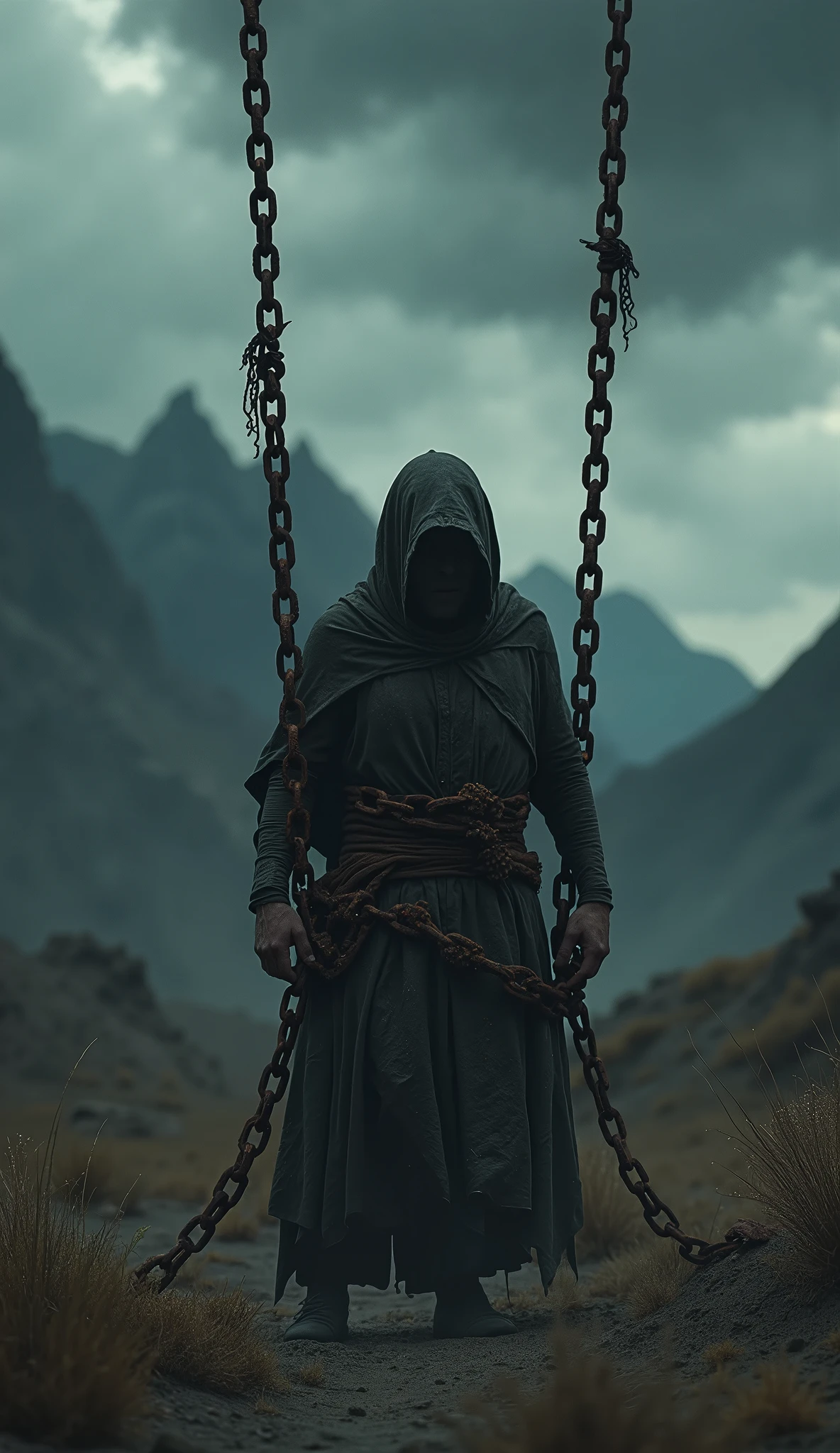 Masterpiece, Best Quality, Ultra-Detailed, High Definition, Cinematic, A dark, oppressive environment filled with heavy, rusted chains hanging from above, some broken and some coiled around jagged rocks. The chains are thick and give off a sense of weight and confinement, A solitary man figure in the center, bound by chains that dig into their skin. The character's face is partially obscured by shadows, with a pained expression, and their body shows signs of struggle with bruises and cuts, A desolate landscape with cracked earth and jagged mountains in the distance. The sky is overcast with dark, swirling clouds, adding to the sense of despair, Harsh, directional lighting from above, casting long, menacing shadows. Occasional flashes of lightning illuminate the scene, reflecting off the metal chains, The overall mood is one of intense struggle and suffering, with a palpable tension in the air. The scene conveys a sense of being trapped with no escape, Chains represent the burden of unseen forces or inner demons, adding a layer of psychological depth to the image.
