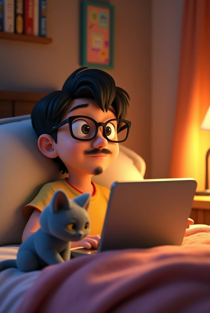 3d animation pixar style, 20 year old boy, fair skin, wearing square glasses, short dark brown hair with a goatee on the chin, thin mustache, lying in the room watching series on the computer, together with a gray kitten with yellow eyes