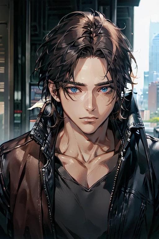 (Best Quality,4k,8k,high resolution,Masterpiece:1.2),ultra detailed,(realist,photorealist,photo-realist:1.37),1 man,31 years,mature man,muscular,square jaw,very handsome,without expresion,short gray black hair,hairstyle,Blue eyes,glare,perfect face without mistakes,imposing posture,collar jacket,leather jacket,dark background,cinematic lighting,imagen HDR