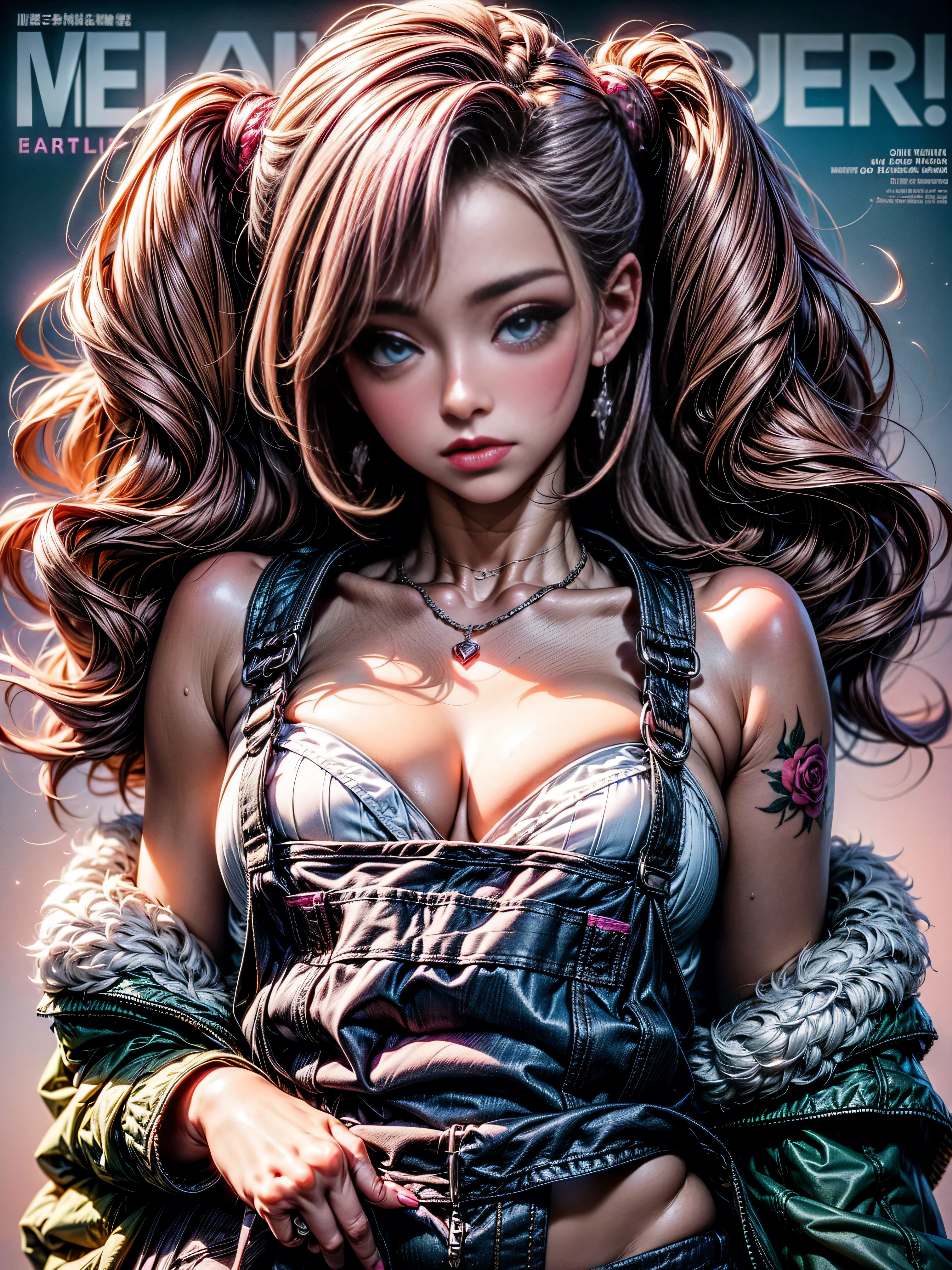 ((masterpiece)), ((Highest quality)), (detailed), (), Slanted Eyes, Medium Wavy Hair, Her hair color is pink.、Light white fur, photograph, (beautiful detailed face), (detailed eyes), (Embarrassing,blush:1.2), (overalls、Deep pink underwear), (((Magazine Cover))),Rita_Umbral Rose、tattoo、tattoo、