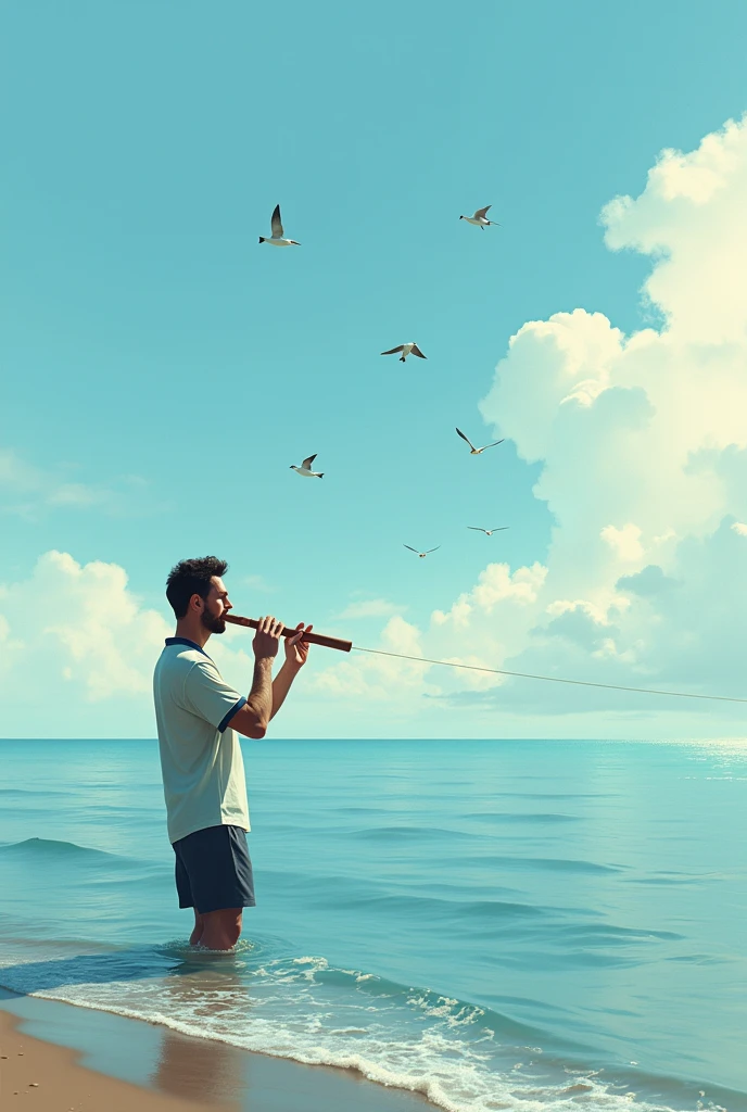 Messi as a fisher.fishing with a flute in the sea.