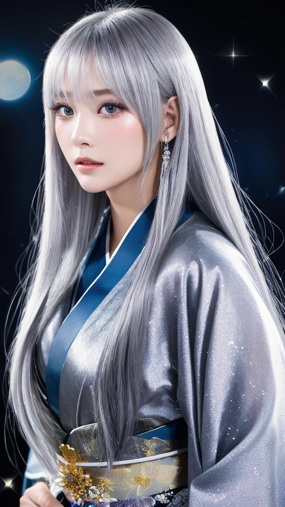 woman、Beauty、Gorgeous kimono、Whitening、Transparencyのある肌、front、Upper Body、Make eye contact、Silver Hair、mysterious、Very long hair、Glossy face、Transparency、Unrealistic face、Gray Eyes、Solemn, Take a closer look, The background is night、Background glitter、Crystal Jade