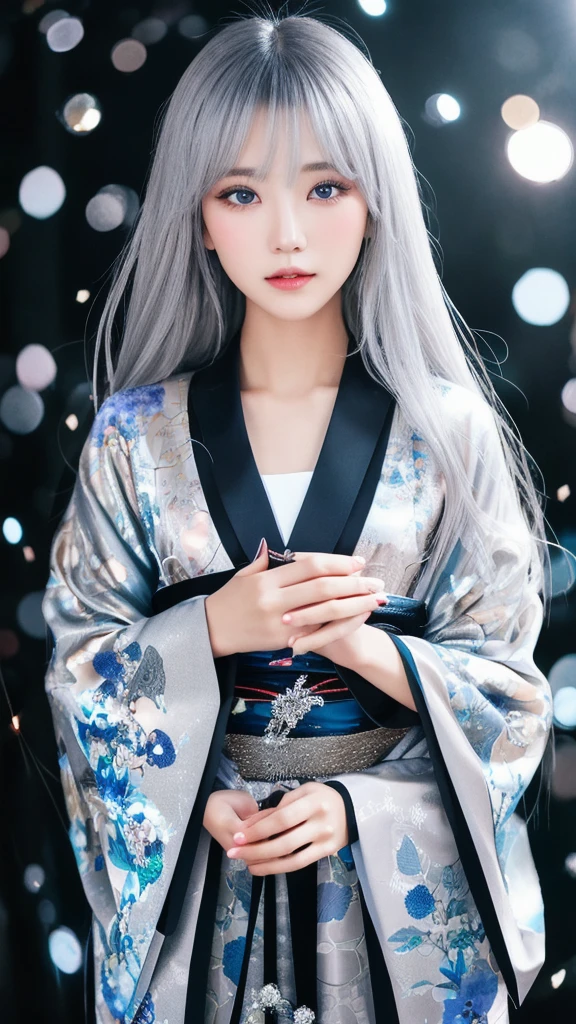 woman、Beauty、Gorgeous kimono、Whitening、Transparencyのある肌、front、Upper Body、Make eye contact、Silver Hair、mysterious、Very long hair、Glossy face、Transparency、Unrealistic face、Gray Eyes、Solemn, Take a closer look, The background is night、Background glitter、Crystal Jade