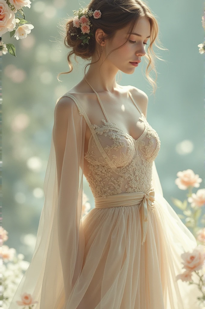 nude silk gown with crisscross cream-velvet ribbons and pastel flowers