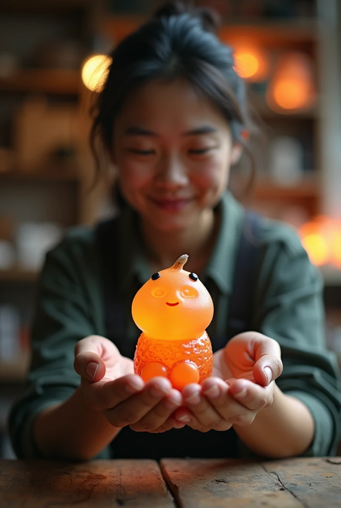 A glass maker holding a cute mascot of a camphor tree
