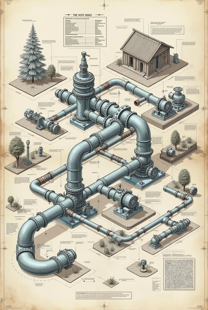 Plan made on an isometric sheet of the hydraulic system used in a rural area with its symbolism of the hydraulic network 