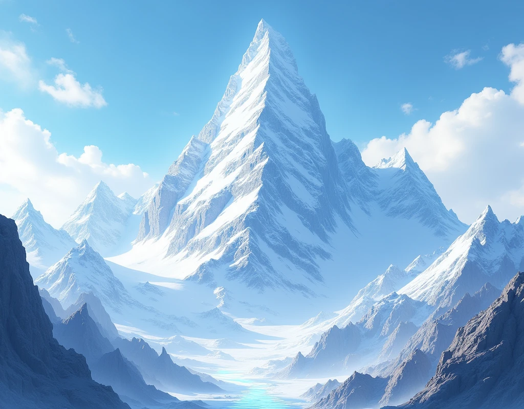 Snowy Mountain Peak: Towering peaks, white slopes, icy glaciers, awe-inspiring, majestic, blue and white, dramatic, grand