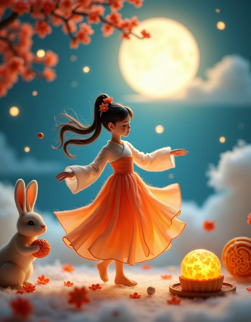 Microphotography,Felt style,1 girl wearing Hanfu,Felt clothing looks soft and warm in the moonlight,She stood under the bright moon,Dancing lightly,Surrounded by the tranquil night sky and hazy clouds,There is a round moon cake next to the girl.,Looks sweet and delicious,Side,A cute rabbit is holding another moon cake,Sparkling stars,Colorful flowers,Seems to be enjoying the food of this festival,Vibrant and fun,3D Photography
