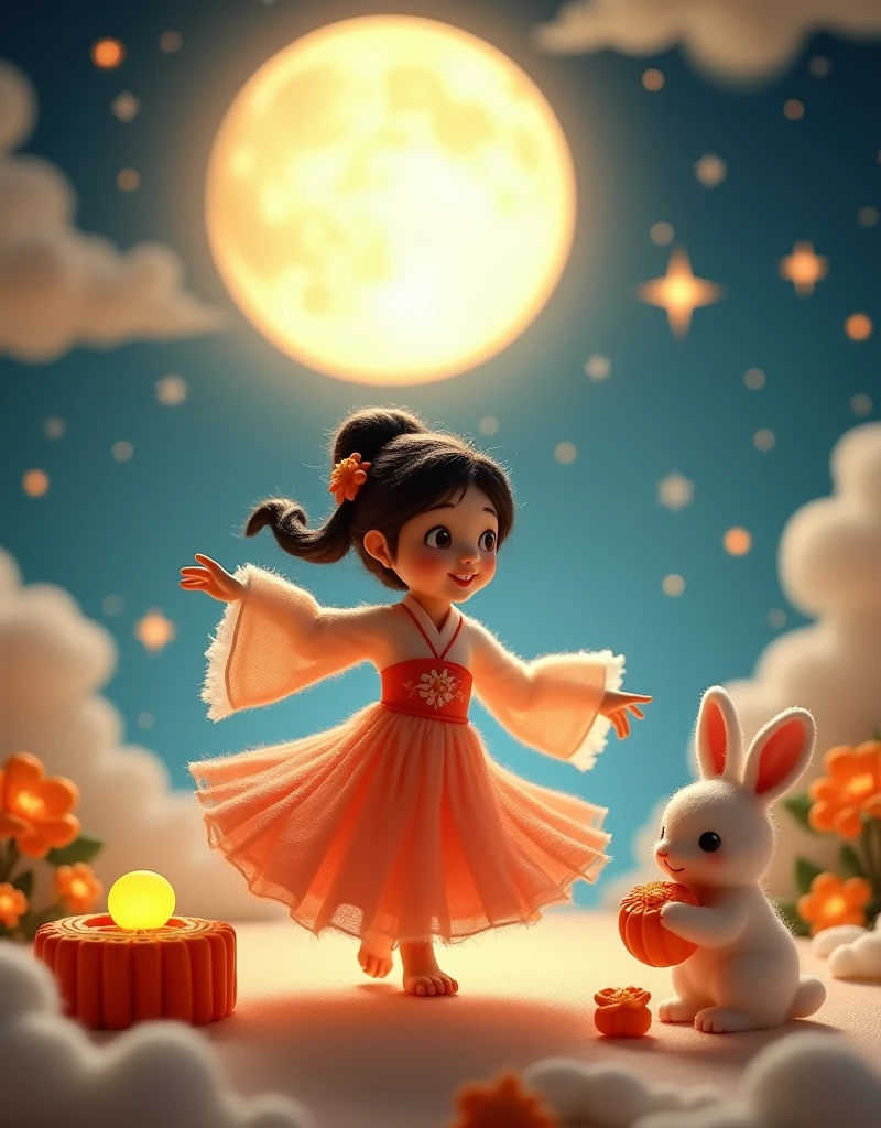 Microphotography,Felt style,1 girl wearing Hanfu,Felt clothing looks soft and warm in the moonlight,She stood under the bright moon,Dancing lightly,Surrounded by the tranquil night sky and hazy clouds,There is a round moon cake next to the girl.,Looks sweet and delicious,Side,A cute rabbit is holding another moon cake,Sparkling stars,Colorful flowers,Seems to be enjoying the food of this festival,Vibrant and fun,3D Photography