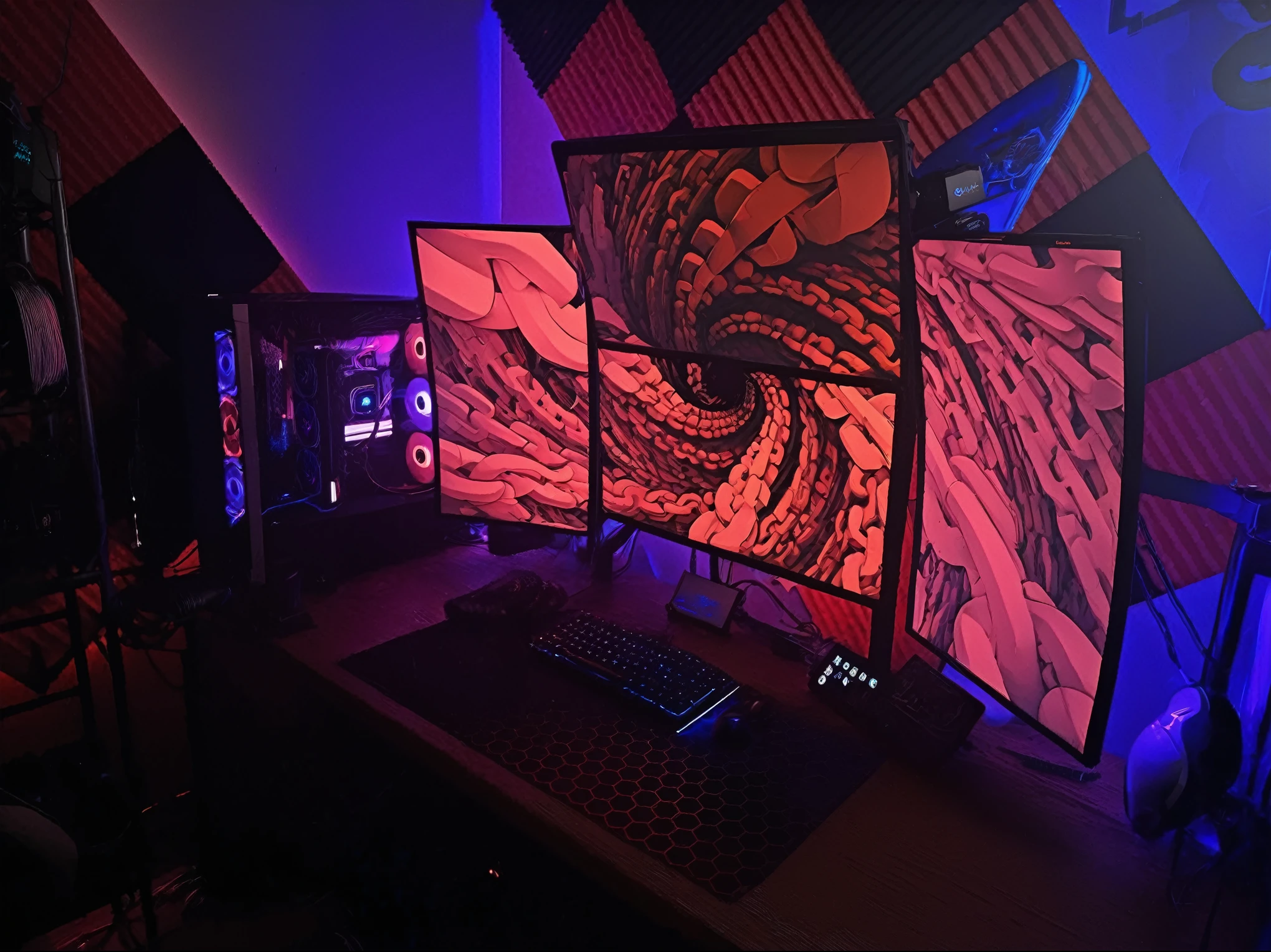 there are four monitors on a desk with a keyboard and mouse, dark setup, satisfying cable management, cyberpunk setting, computer setup, cables and monitors, gamer screen on metallic desk, led gaming, in a cyberpunk themed room, 8 k rez, pc gaming, stacked computer screens, gamer themed, gaming computers, gaming room, custom computer, many monitors