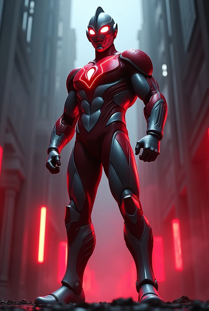 Ultraman, colored mix with dark, white and neon red, hero, cinematic, smooth
