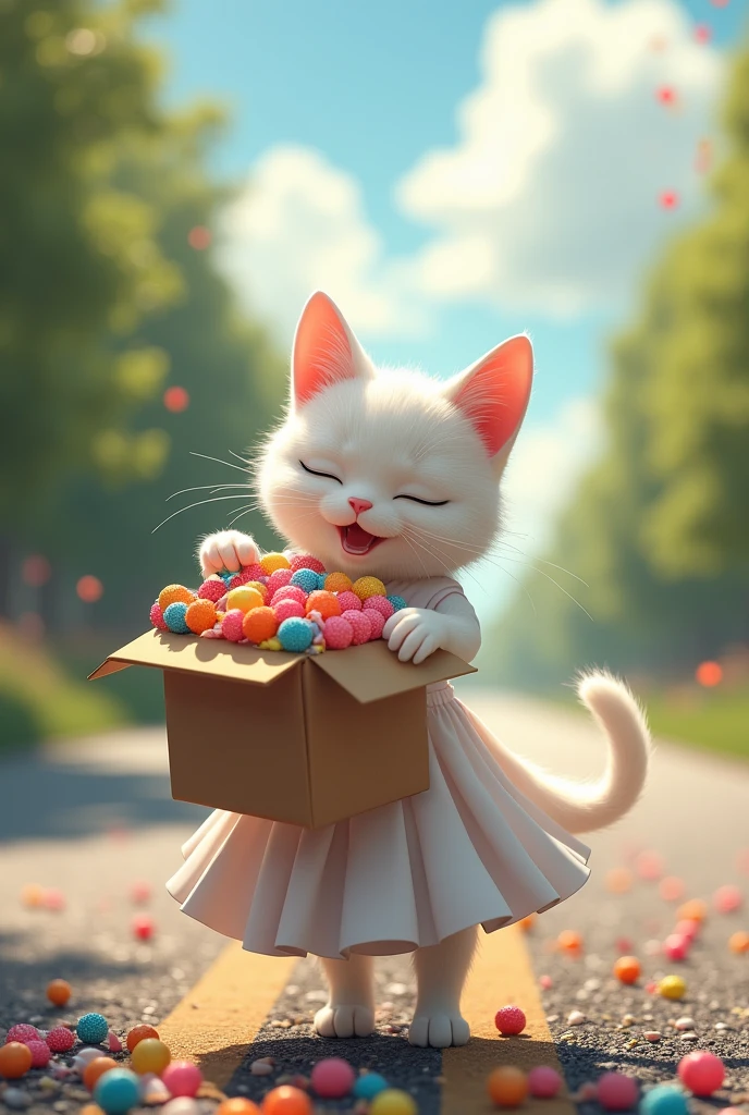 the white cat mother in dress throw the all colors box on the road .