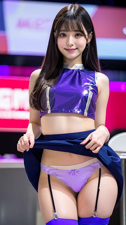 Highly detailed CG Unity 8K wallpapers, Highest quality, Very detailed, masterpiece, Realistic, photo Realistic, Very detailedかわいい, 20-year-old, Anatomically correct fingers、Perfect Fingers、(((Do-it-yourself skirt lift:1.2))), (Lift it yourself), (Small pink string panties)、((blush)), ((Gaze Here))、(((Confused expression:1.4)))、((Shiny purple and silver enamel costume:1.2))、Pleated mini skirt、Japan、motor Show、Convention Hall、Beautiful lighting、Jet Black Hair、Long Hair、(showing panties yourself)、((Enamel costume))、((Shiny Costume))、Headband