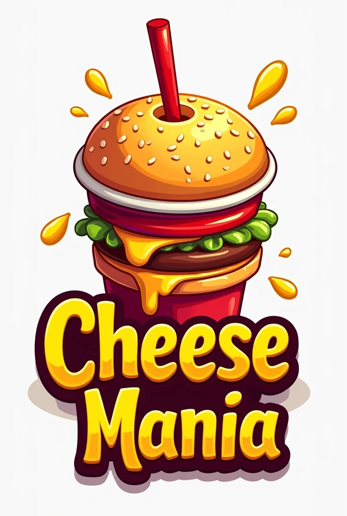 Create a logo with a cup with a straw, crisp, burger all hollowed out below the name CHEESE MANIA in yellow with cheese melting on top of the letters 