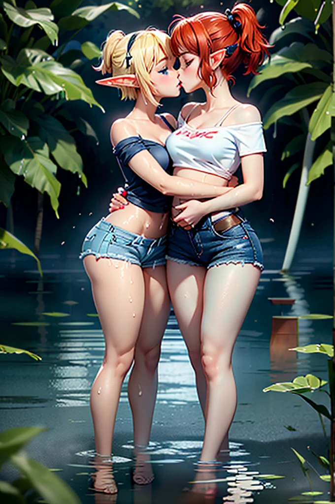 2girls, one is a female elf, short red hair, blue eyes, curvy body, full pouty lips, White off the shoulder tee shirt: 1.5, blue micro denim shorts, other one is a female elf, short blonde hair, blue eyes, slim body, full pouty lips, Black tee shirt, blue denim mini shorts, black heels ((standing waist deep in water, holding each other, kissing: 1.6))