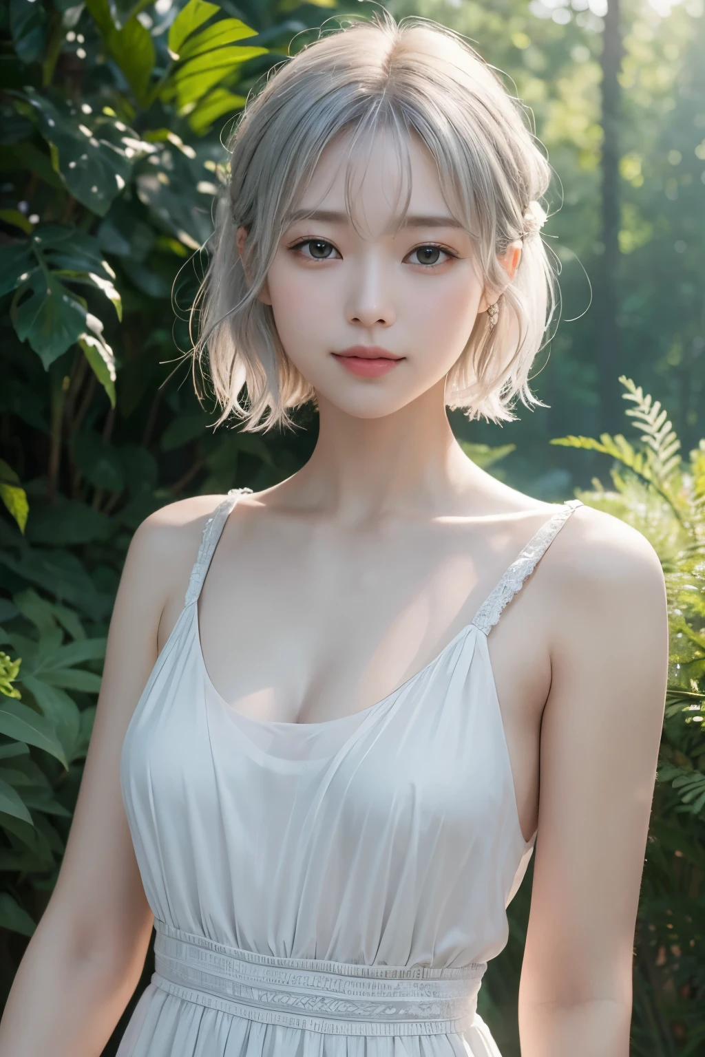 Highest quality, masterpiece, Ultra-high resolution, masterpieceハイパーリアリズム、Photorealistic、Beautiful Humanoid、Realistic Skin、 Silver grey short bob hair、Small flower hair ornament、A Little Smile、A simple, loose-fitting classical cotton dress、Small breasts、Morning haze forest、Atmospheric perspective、Cinematic lighting、Soft Lighting、Film Grain、Fujifilm XT3