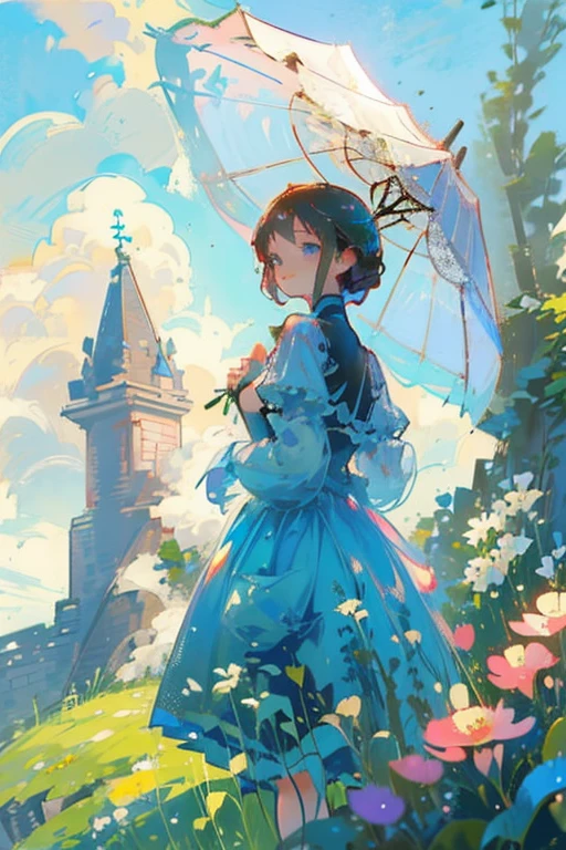 Young girl with brown short hair and blue eyes, period dress, castle ruin, flower, greenery, nature, birds, sunlight, parasol, accompanied.