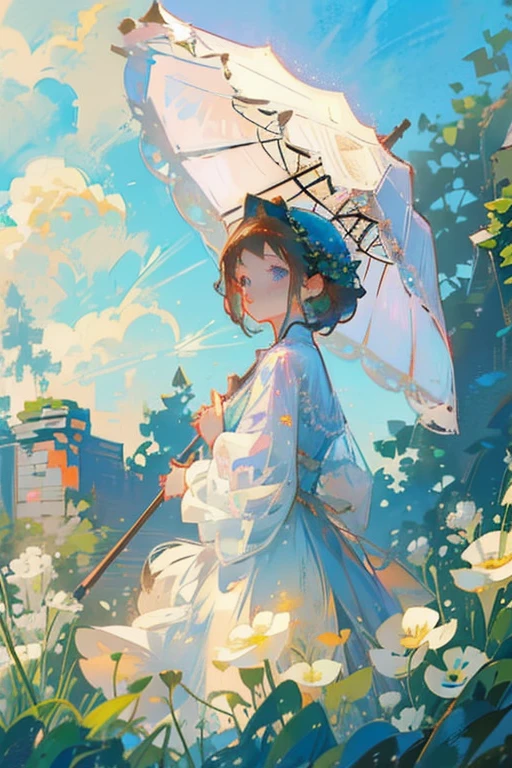 Young girl with brown short hair and blue eyes, period dress, castle ruin, flower, greenery, nature, birds, sunlight, parasol, accompanied.