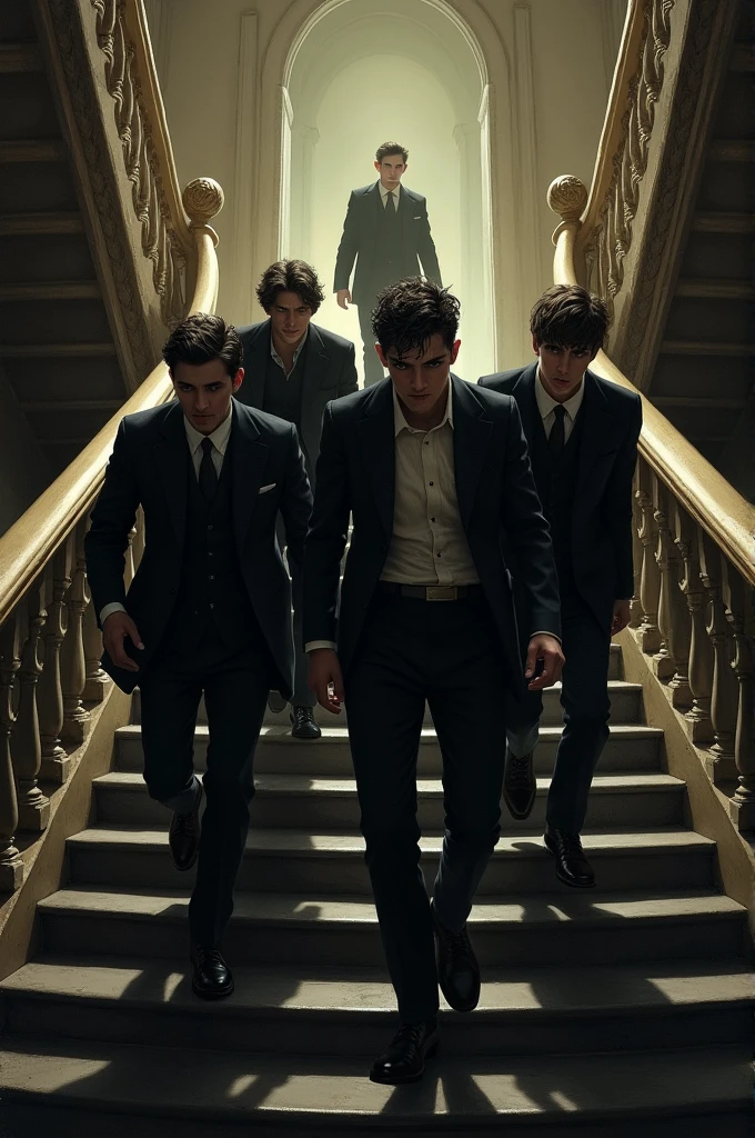 The group of four young men cautiously climbing the grand staircase, following the faint shadow, with fear and determination evident on their faces.